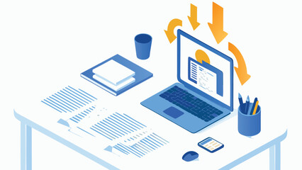Isometric view of a desk with laptop, papers, cup, and arrows indicating data transfer process