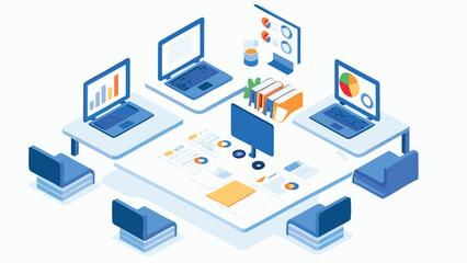Isometric view of networked computers displaying charts and graphs around a central data table area