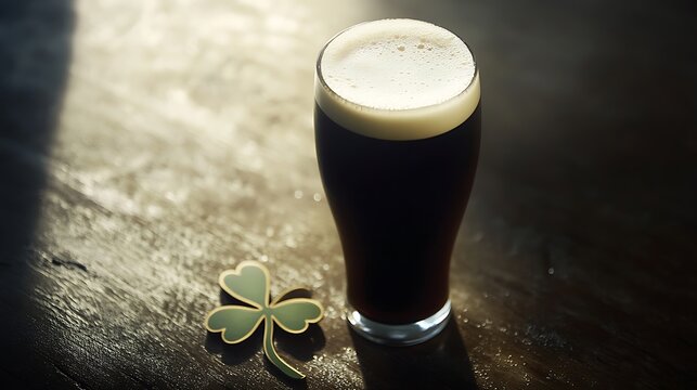 A pint of dark stout beer with a shamrock for St Patrick's Day