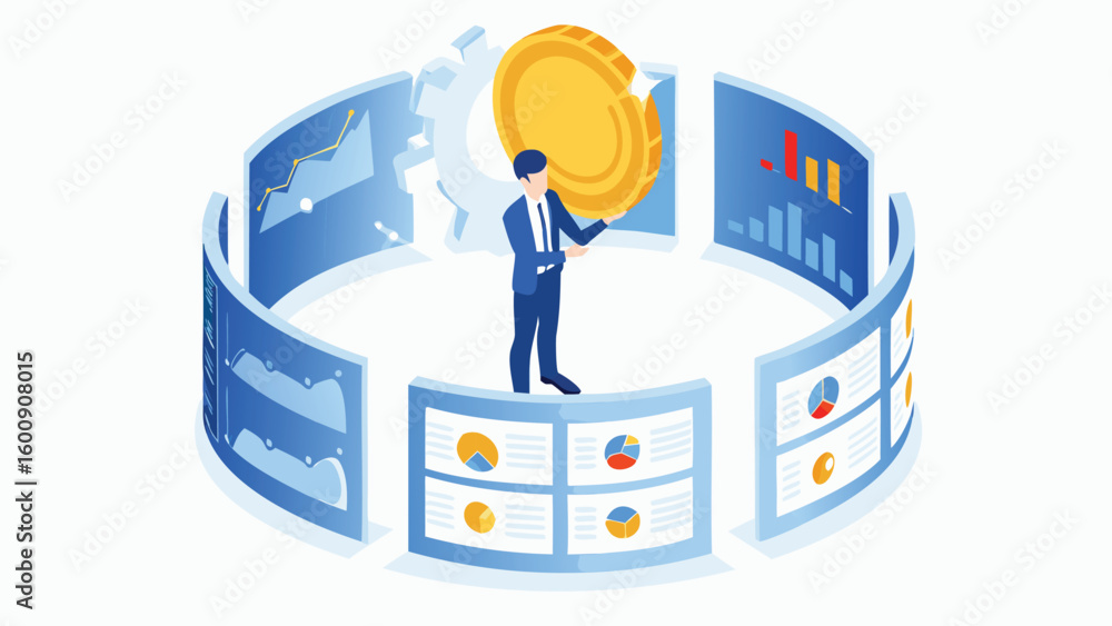 Poster isometric view of a man holding a coin surrounded by screens displaying financial data and a gear ic