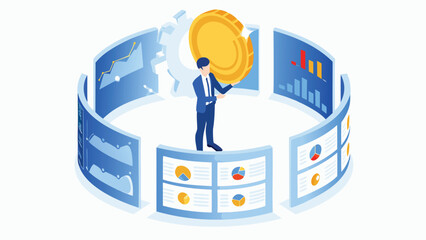 Isometric view of a man holding a coin surrounded by screens displaying financial data and a gear icon
