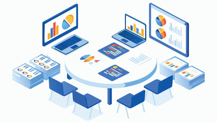 Isometric view of a round table surrounded by chairs laptops and documents with charts and graphs displayed