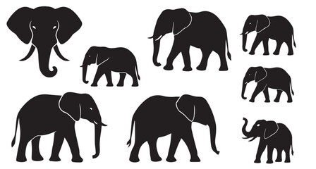 Black silhouette of elephant white background