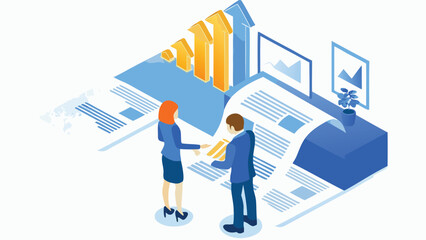 Isometric view of business people discussing growth charts and documents on a large table top view