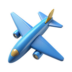 A stylized blue airplane with a yellow tail flies against a transparent background