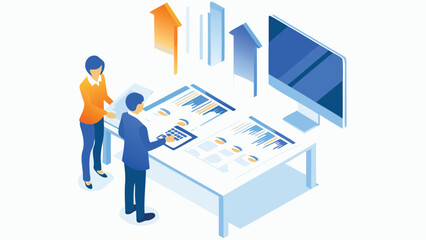 Isometric view of two people analyzing data on a table with charts and a computer screen on the side