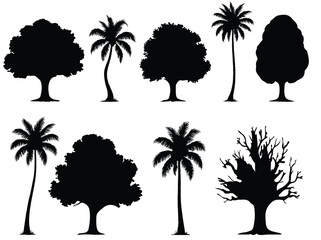 Set of plant and tree silhouette white background