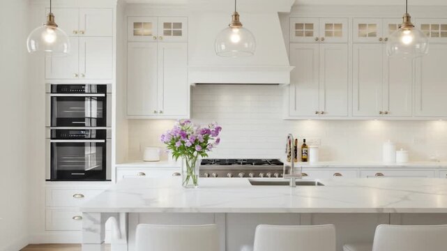 A bright, modern kitchen showcases white cabinets, marble countertops, and a large island. Pendant lights illuminate a vase of flowers