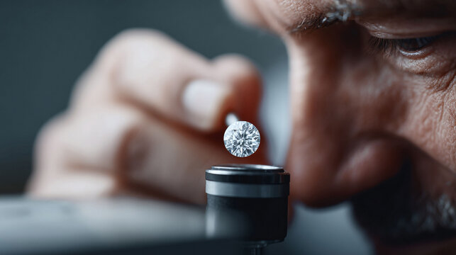 Jeweler meticulously examines a sparkling gemstone. Symbolizes luxury, precision, craftsmanship, and value. Use for finance, investment,  retail concepts.