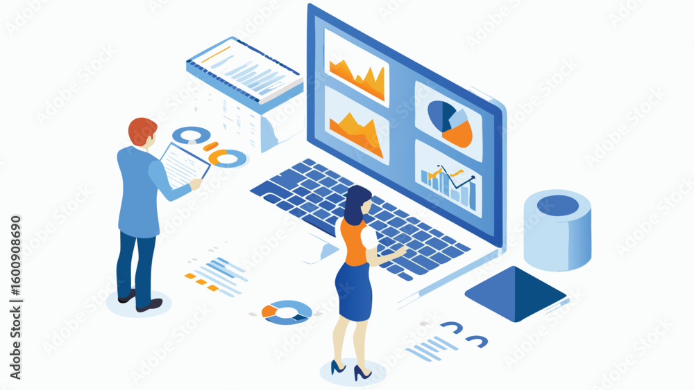 Aufkleber isometric view of business analytics with people analyzing data on a laptop and printed reports show