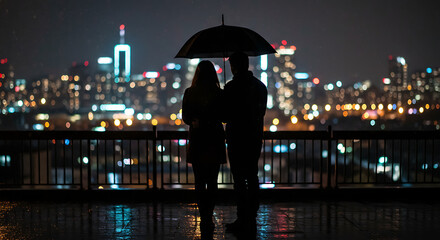 Romantic silhouette of a couple under an umbrella, enjoying the view of the glowing city lights at night.