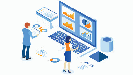 Isometric view of business analytics with people analyzing data on a laptop and printed reports shown