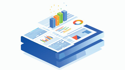 Isometric view of stacked documents with bar graphs pie chart and sparkling stars above the graphs