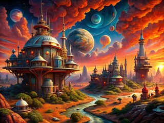 A breathtaking sunset over a futuristic fantasy city on an alien planet