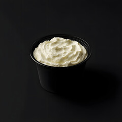 Simple Black Bowl of Creamy Sour Cream or Greek Yogurt Dip on a Dark Background.