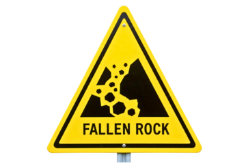 Fallen rock landslide warning traffic sign with pictogram isolated on a transparent background