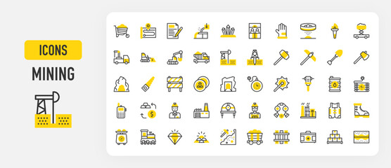 Mining icons. Factory, Diamond, Oil Barrel, Drilling, Map, Soil, Glove, Road Barrier, Stock, Gem, Dump Truck, Vest, Boot, Weight Scale, Train, Gold, Digging vector stroke illustration.	