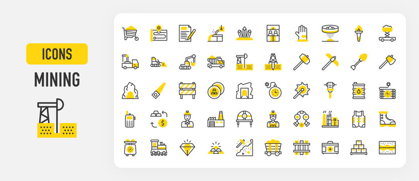 Mining icons. Factory, Diamond, Oil Barrel, Drilling, Map, Soil, Glove, Road Barrier, Stock, Gem, Dump Truck, Vest, Boot, Weight Scale, Train, Gold, Digging vector stroke illustration.	