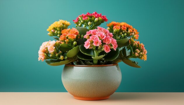 colorful kalanchoe flowers in a ceramic pot on a minimalistic background