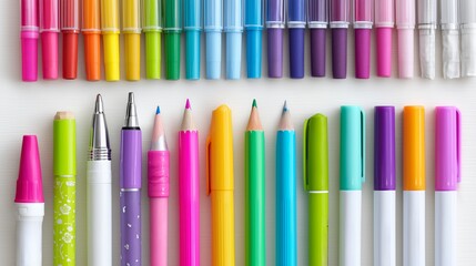 Obraz premium Colorful assortment of art supplies neatly arranged on a table showcasing creativity and vibrancy in design