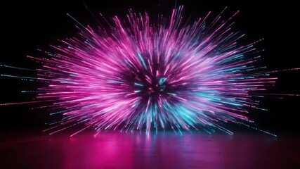 A burst of vibrant neon streaks in pink, purple, and teal emanates from a central point against a dark backdrop, reflecting below - Powered by Adobe