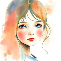 Watercolor painting of a young girl with blue eyes and red lips looking at the viewer directly