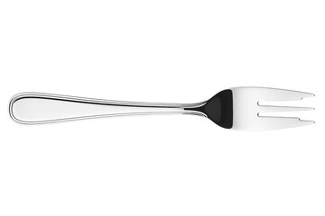 Silver dessert fork with three tines and elegant handle design isolated on a transparent background