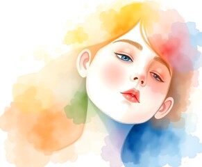 Watercolor portrait of a girl with blue eyes and colorful hair and face in a white background art