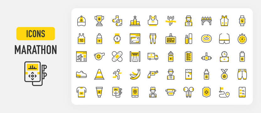 Marathon icons. Stopwatch, Athlete, Position, Membership, List, Cap, Trophy, Winner, Shirt, Price, Water Bottle, Socks, Sports Bra, Energy Bar, Water, Medal vector stroke illustration.