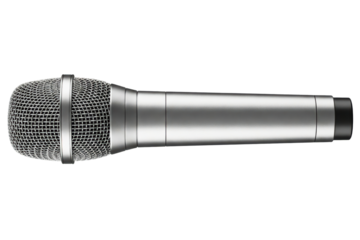 Silver handheld dynamic microphone isolated on a transparent background