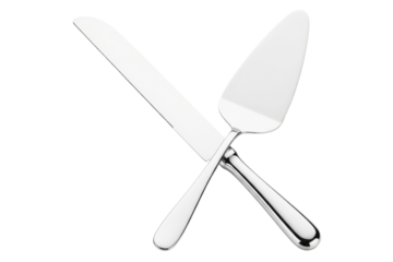 Silver cake server and knife set isolated on a transparent background
