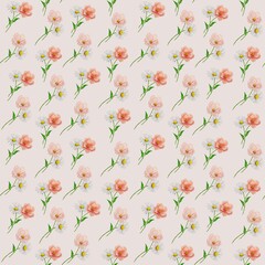 Seamless watercolor floral pattern with daisies and pink cosmos flowers repeating on pink  background. Plant design for textiles, wallpapers, cards and packaging.