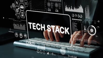 Hands Typing on Keyboard with Tech Stack Graphics and Data Visualization Background for Technology...