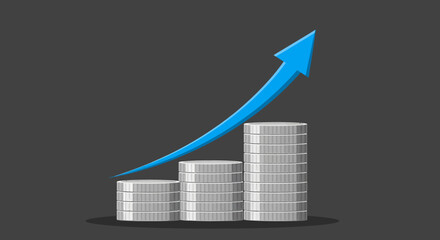 Rising Silver Coin Stacks with Upward Blue Arrow Graphic