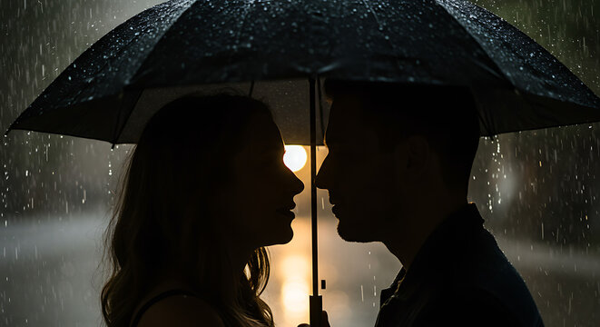 An intimate, romantic moment of a silhouetted couple under an umbrella on a rainy night, facing each other. - Powered by Adobe