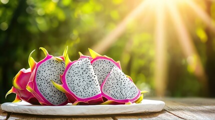 Fresh Dragon Fruit Slices on Wooden Table with Bright Sunlight Glow