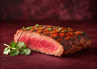 A perfectly grilled steak with a vibrant red center garnished with fresh parsley