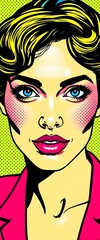 A pop art style portrait of a woman with bright blue eyes and a pink jacket on a green background