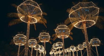 Lit-up palm trees decorated with Christmas lights at night, photo