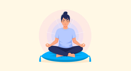 Calm Woman in Meditation Pose on a Blue Cushion