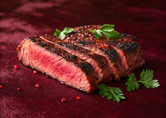 Sliced grilled steak with a vibrant red center garnished with fresh parsley on a dark red background