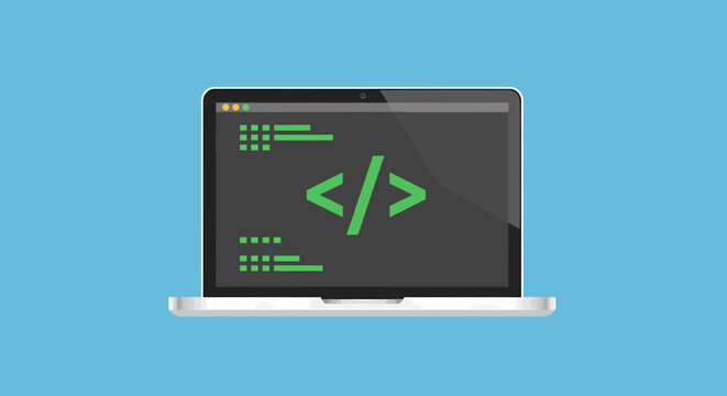 Flat Design Laptop Showing Coding Symbols
