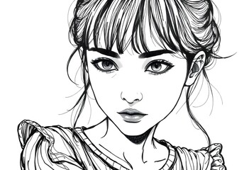 Black and white sketch of a young woman with bangs and ruffled shirt looking at the viewer art