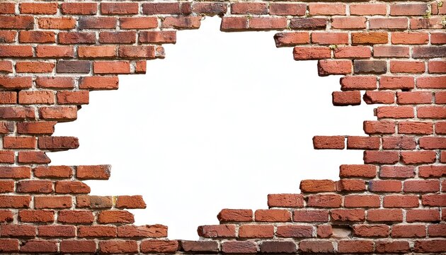 broken brick wall with hole cut out transparent isolated on white background