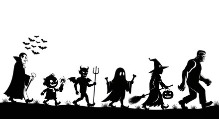 Children in Costume Walking Together on Halloween