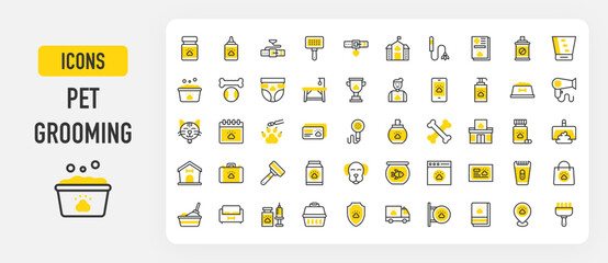 Pet grooming icons. Bathtub, Medicine, Pet Brush, Diaper, Litter Box, Perfume, Animals, Pet Brush, Trimming, Bones, Pet Carrier, Pet Bed, Cat vector stroke illustration.	
