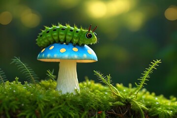 A whimsical green caterpillar rests atop a blue mushroom in a mossy forest