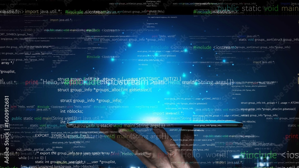 Poster a captivating image showcasing hands holding a tablet, surrounded by dynamic code and programming el