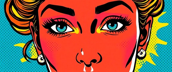 Close up of a woman's face with bright colors and pop art style on a blue halftone background