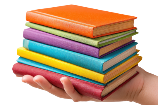 Stack of colorful books held in a hand